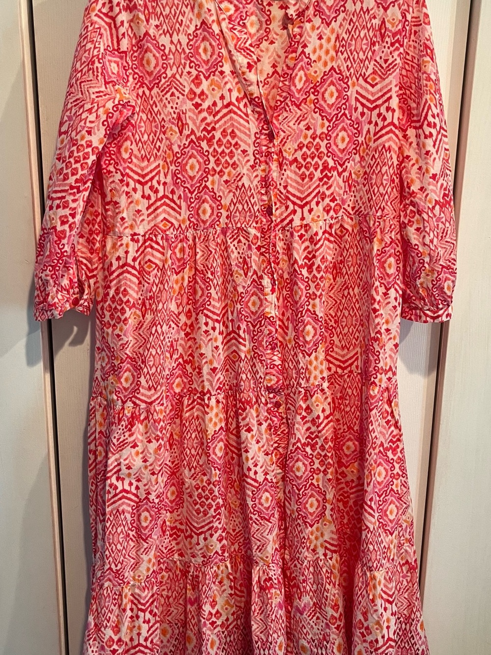 Zara Pink and Yellow Printed Tiered 3/4 Sleeve cotton Dress Sz M